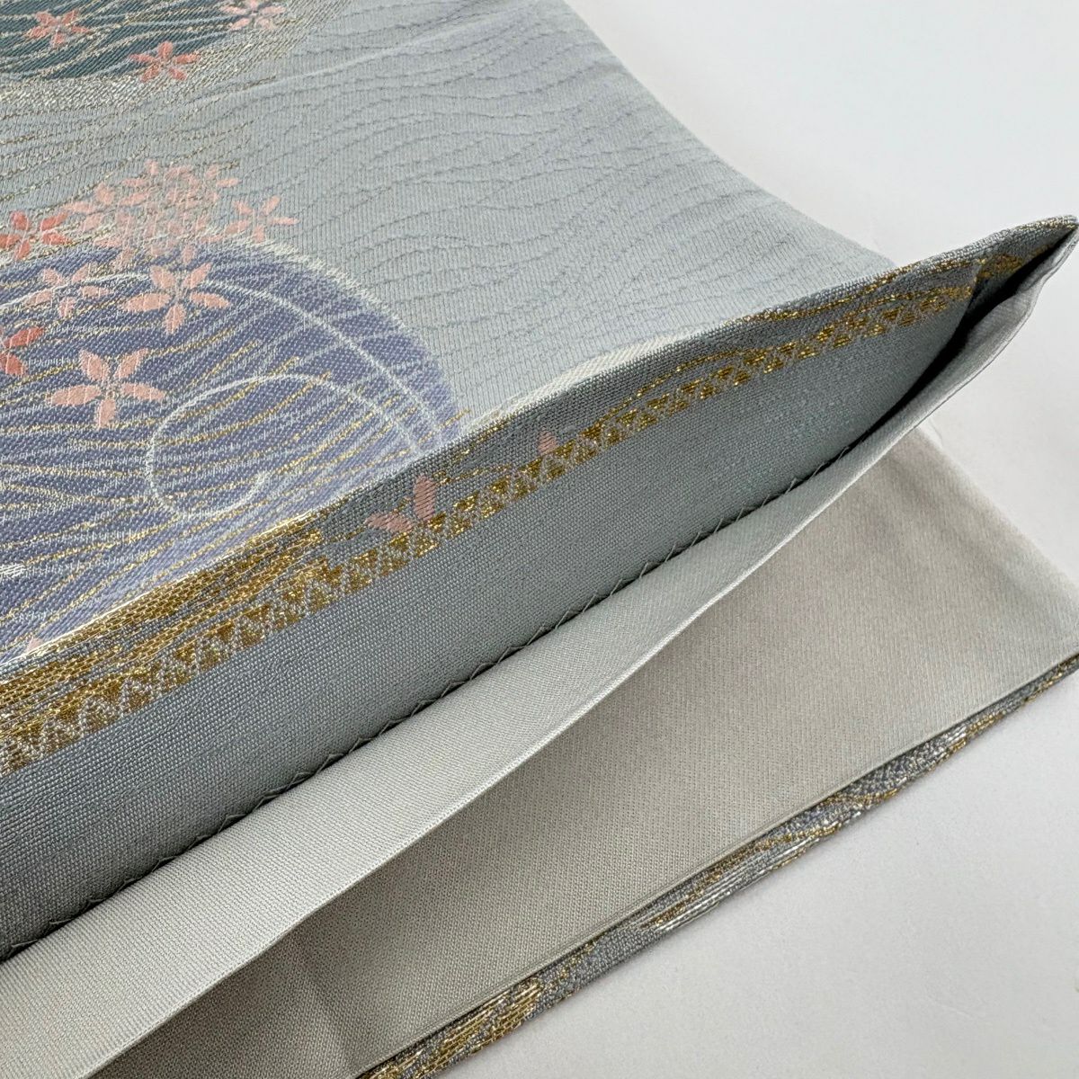 【美品】 袋帶 秀品級 圓文 花 金絲 金金箔 青灰 六通 純蠶絲