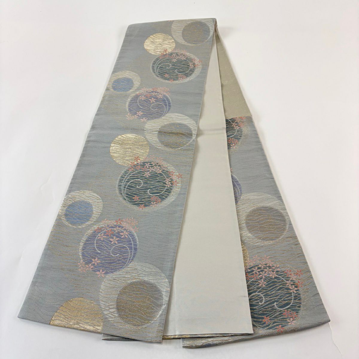 【美品】 袋帶 秀品級 圓文 花 金絲 金金箔 青灰 六通 純蠶絲