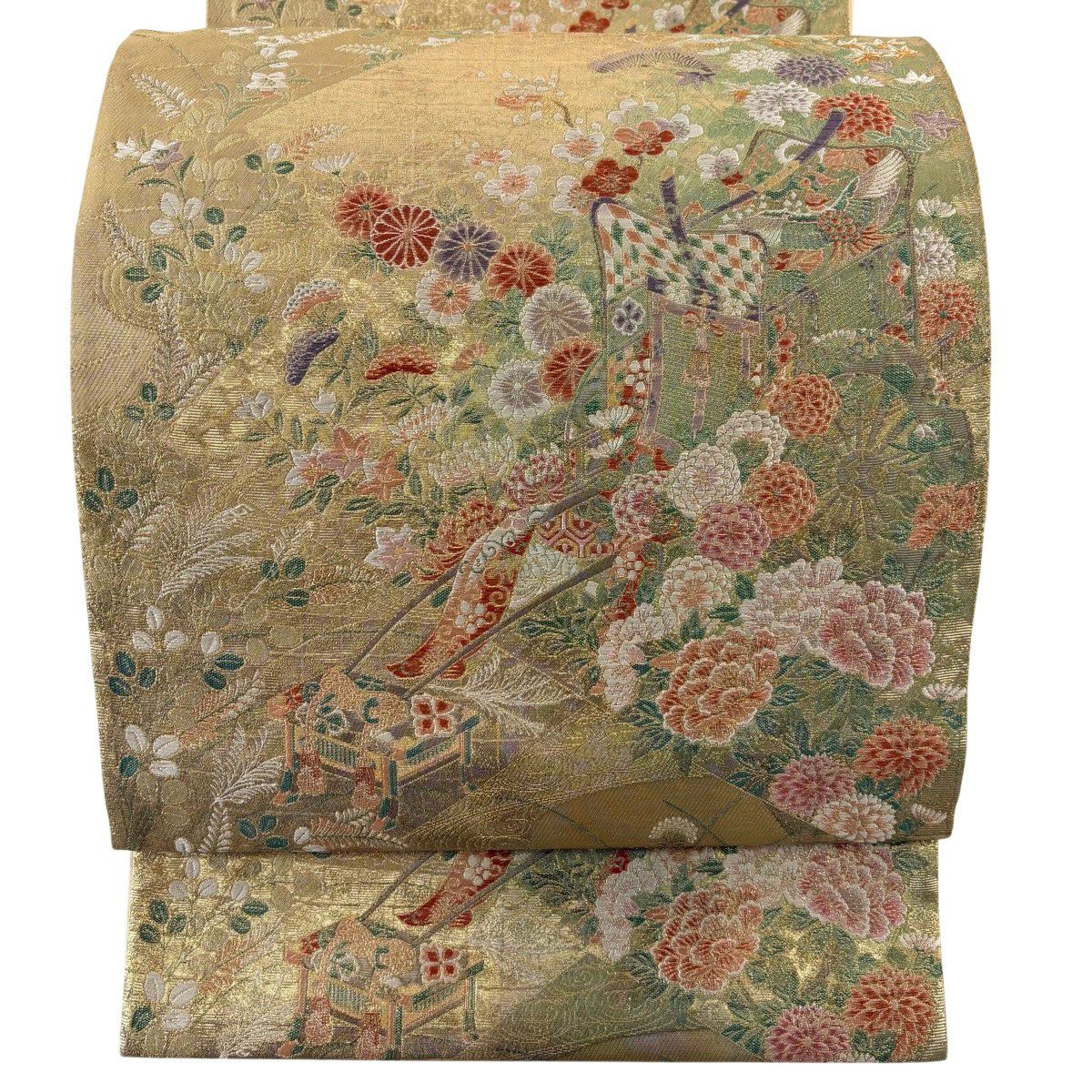 【美品】 袋帶 秀品級 花紀行 御所車 草花紋 金糸 金金箔 金色 六通 純蠶絲