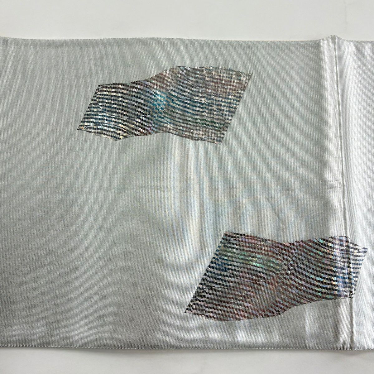 【美品】 袋帶 秀品級 幾何圖案 波 金金箔 銀色 大鼓圖案 純蠶絲