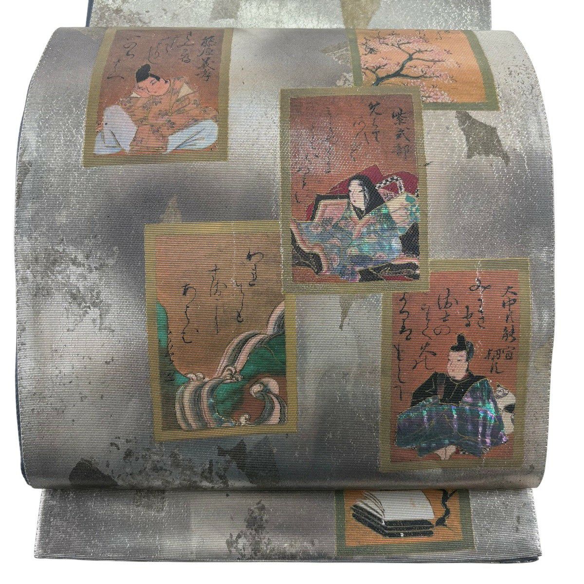袋帶 秀品級 百人一首 牌子 螺鈿金金箔 金銀彩 太鼓圖案 純蠶絲