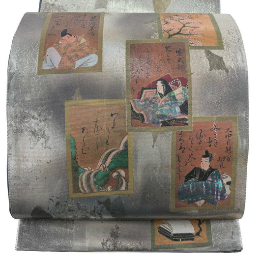 袋帶 秀品級 百人一首 牌子 螺鈿金金箔 金銀彩 太鼓圖案 純蠶絲