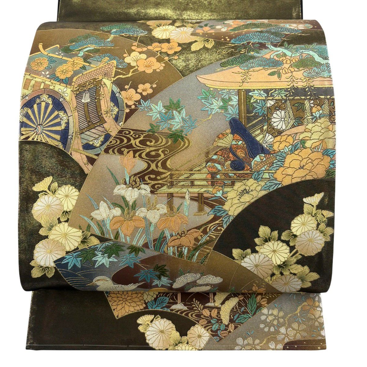 【美品】 袋帶 秀品級 扇子面 草花紋紋 金金箔 金銀彩 金茶 お太鼓柄 純蠶絲