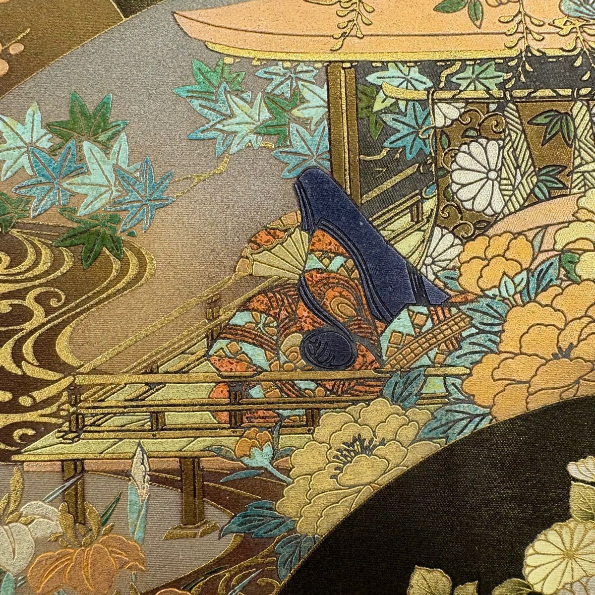【美品】 袋帶 秀品級 扇子面 草花紋紋 金金箔 金銀彩 金茶 お太鼓柄 純蠶絲