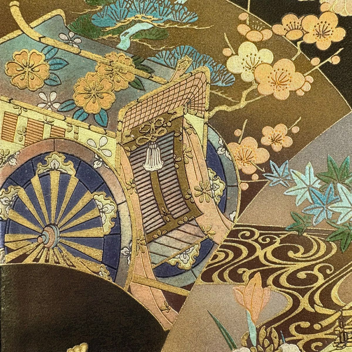 【美品】 袋帶 秀品級 扇子面 草花紋紋 金金箔 金銀彩 金茶 お太鼓柄 純蠶絲