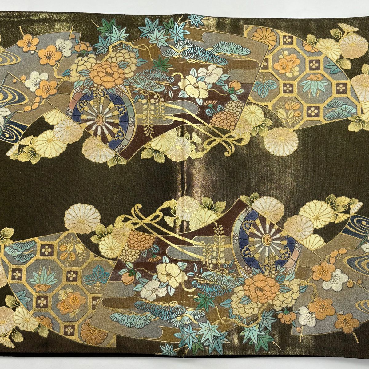 【美品】 袋帶 秀品級 扇子面 草花紋紋 金金箔 金銀彩 金茶 お太鼓柄 純蠶絲