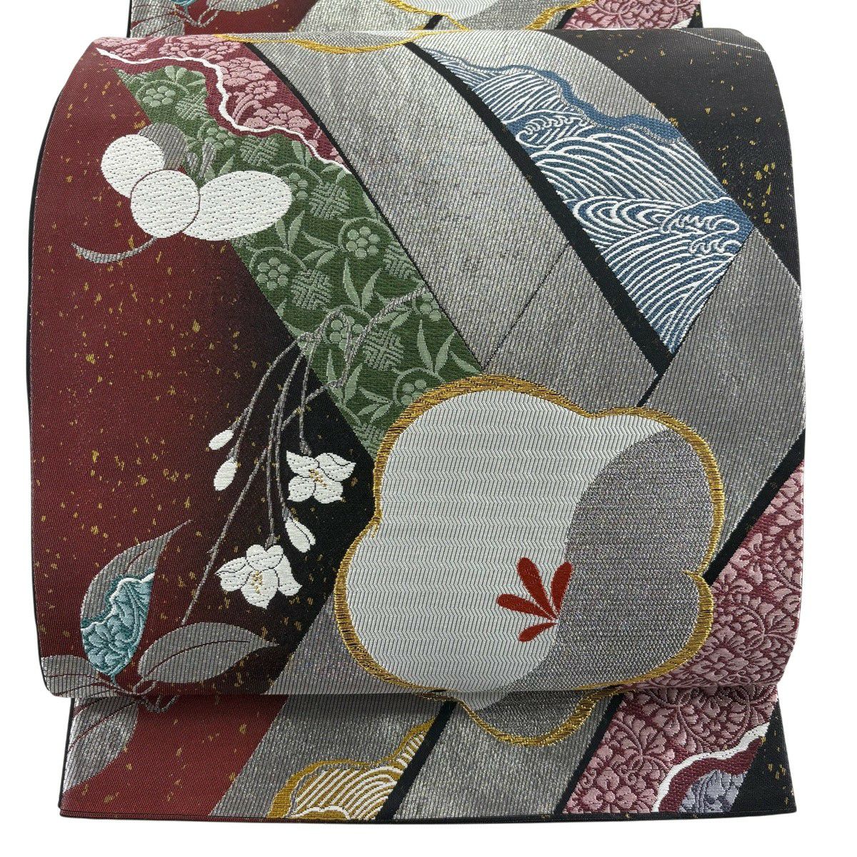 【美品】 袋帶 秀品級 有落款 夢はな舞 適合振袖禮服 梅花 波頭 金銀線 金金箔 銀色 六通 純蠶絲