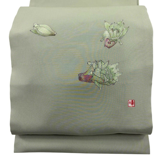 【美品】 開口名古屋帶 優品級 有落款 鈴乃屋 蕗之薹 灰綠 純蠶絲
