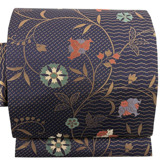 【美品】 名古屋帶 秀品級 花唐草紋 幾何學圖案 金金箔 深紫 純蠶絲