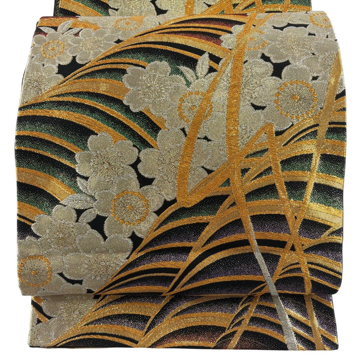 袋帶 秀品級 振袖禮服禮服用 櫻花 波紋 金金箔 金銀絲 金色 六通 純蠶絲