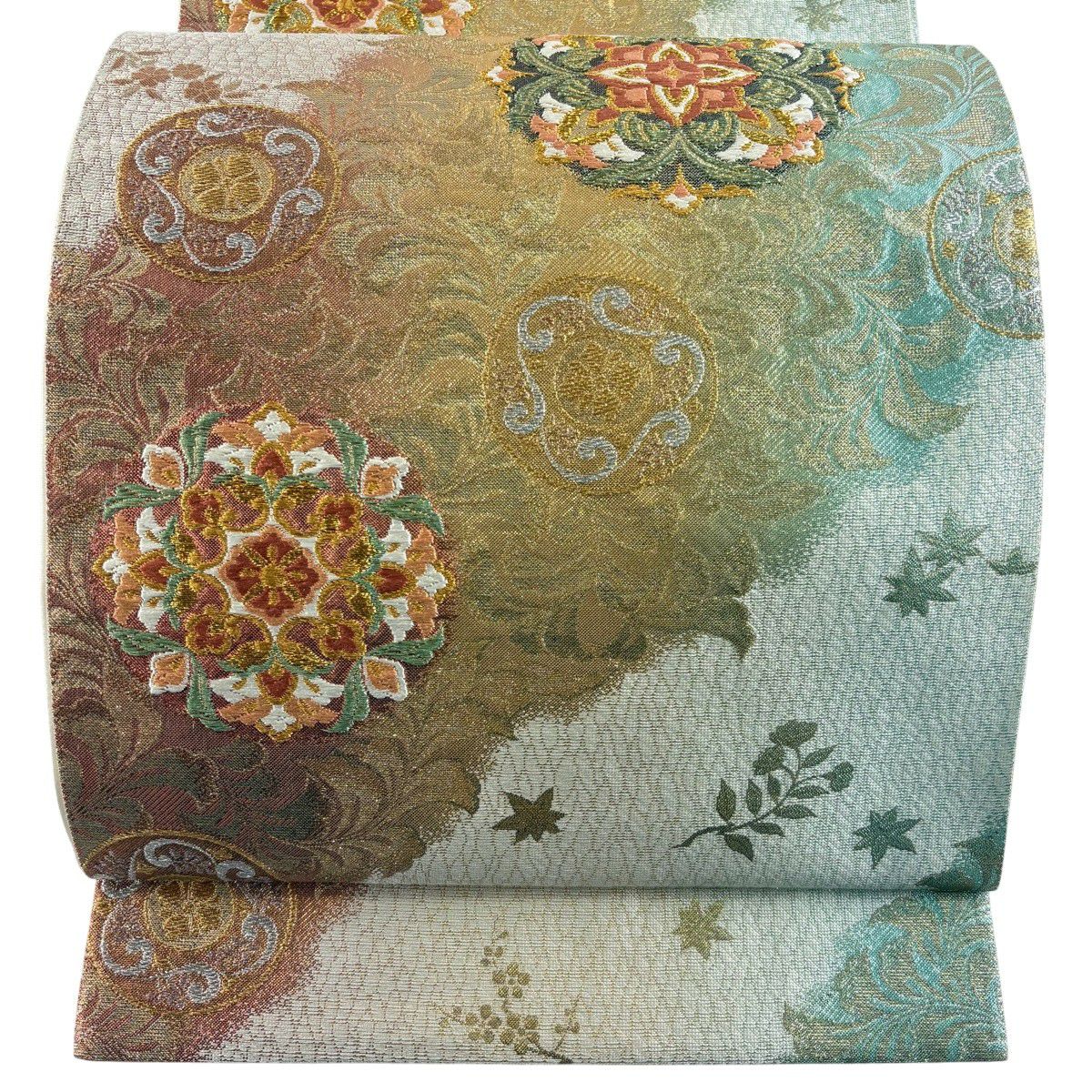 【美品】 袋帶 秀品級 華紋 花唐草紋 金銀彩 金金箔 米色 六通 純蠶絲