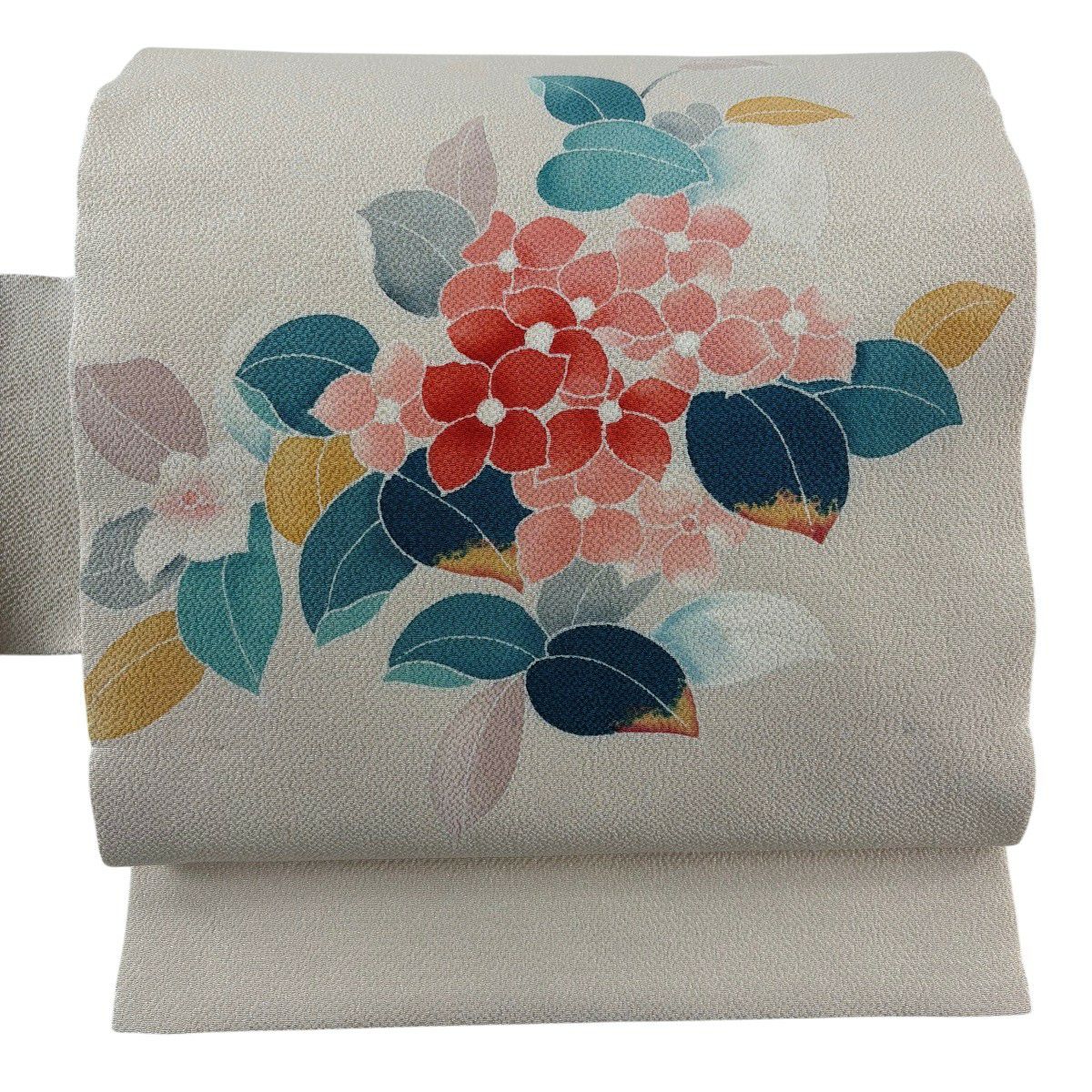 【美品】 名古屋帶 秀品級 草花紋紋 縮緬 淺米色 純蠶絲