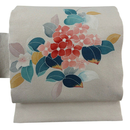 【美品】 名古屋帶 秀品級 草花紋紋 縮緬 淺米色 純蠶絲