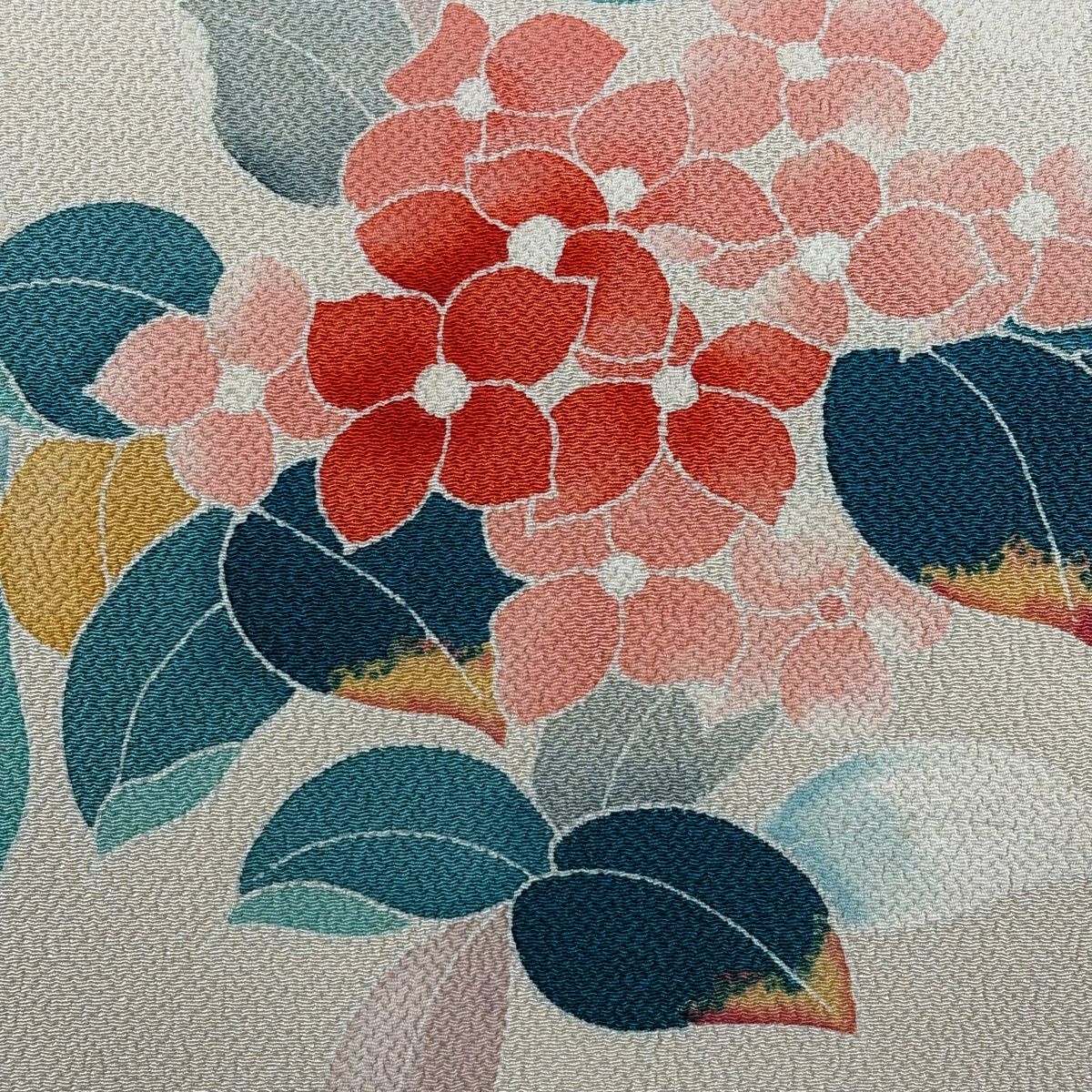 【美品】 名古屋帶 秀品級 草花紋紋 縮緬 淺米色 純蠶絲