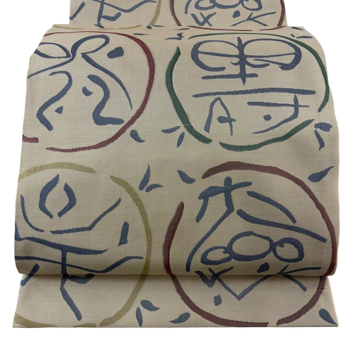 【美品】 袋帶 秀品級 木屋太 有落款 紬織織 幾何學 灰茶 六通 純蠶絲