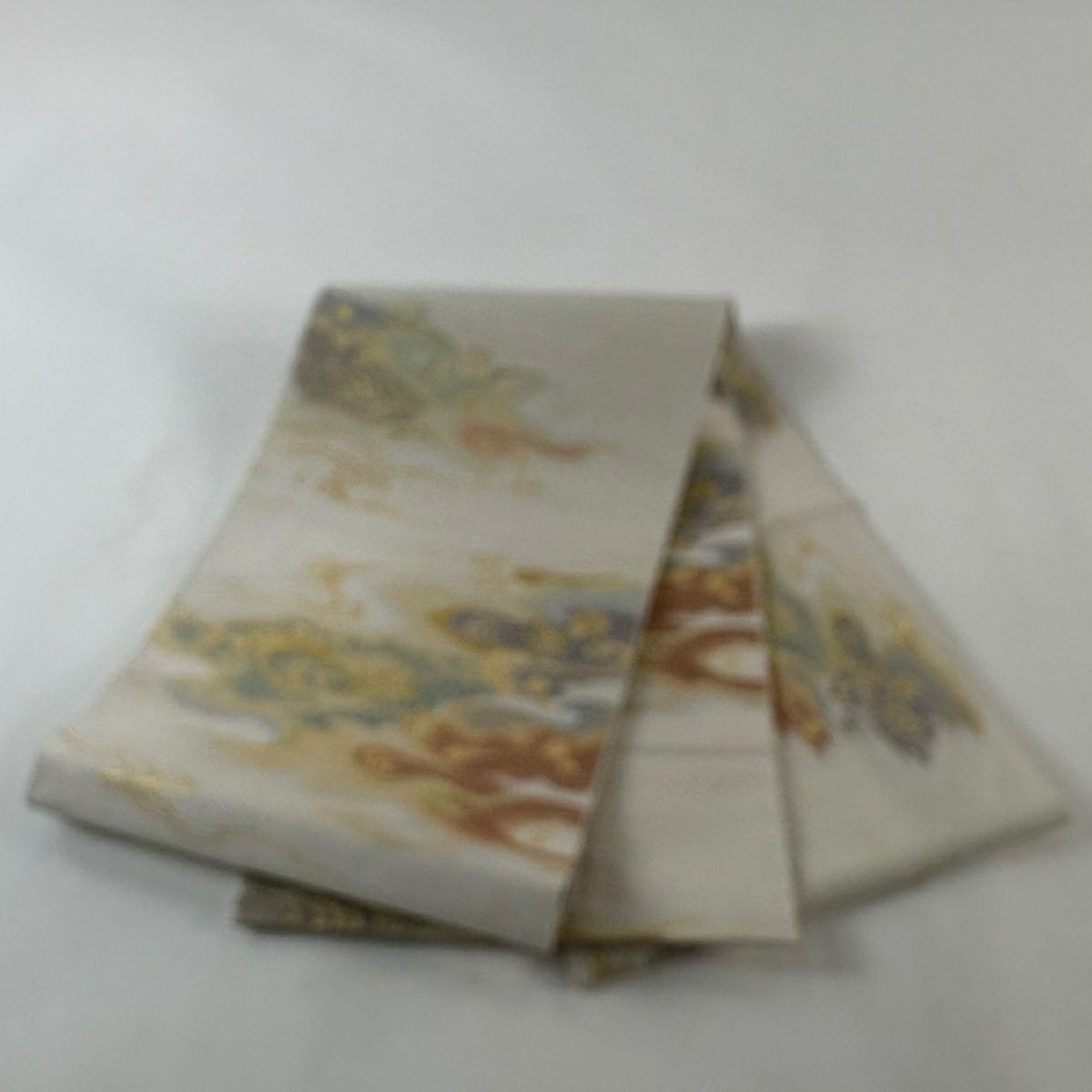 袋帶 秀品級 霞 草花紋 金金箔 金銀絲 灰白 大鼓圖案 純蠶絲