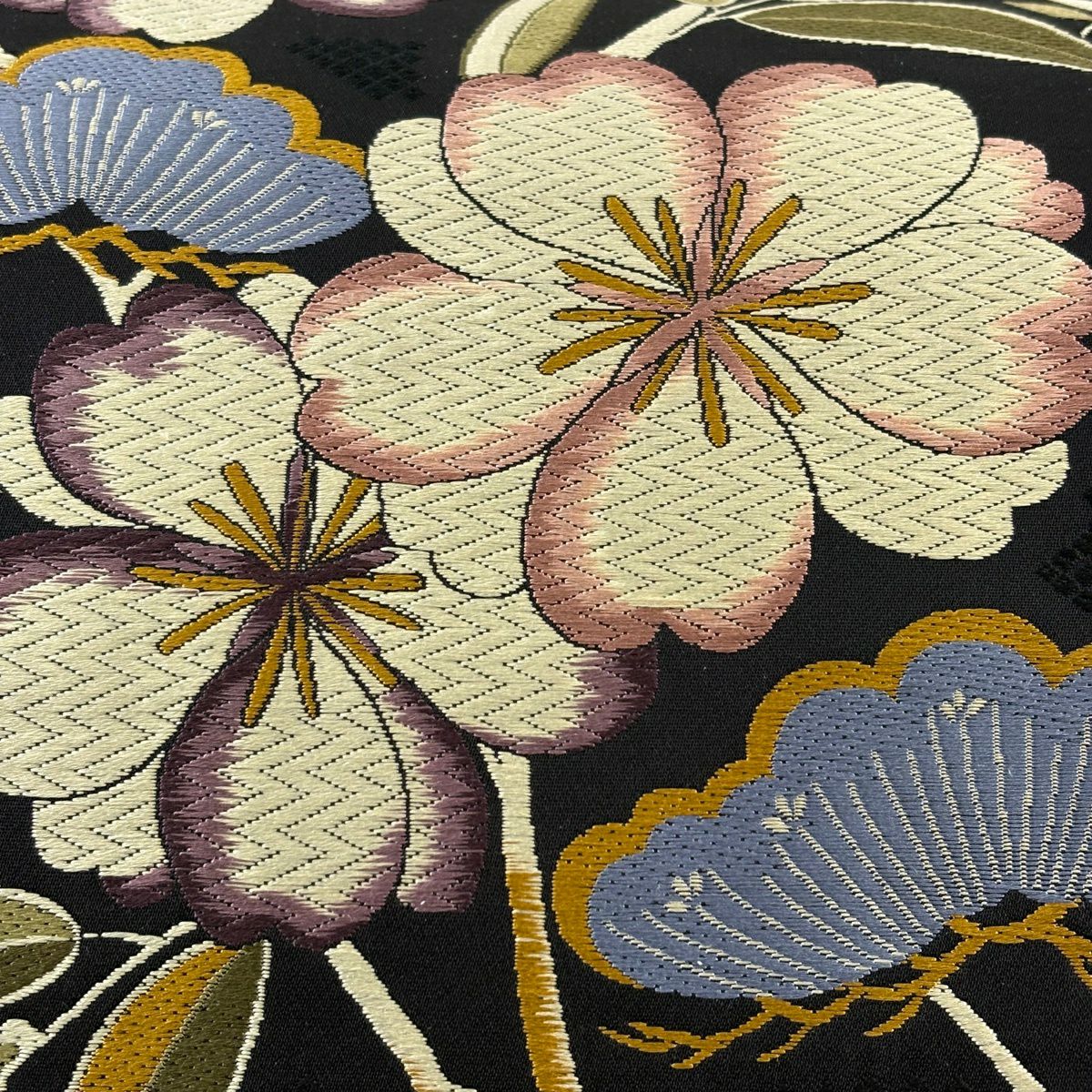 袋帶 秀品級 草花紋 松樹 黑 六通 純蠶絲