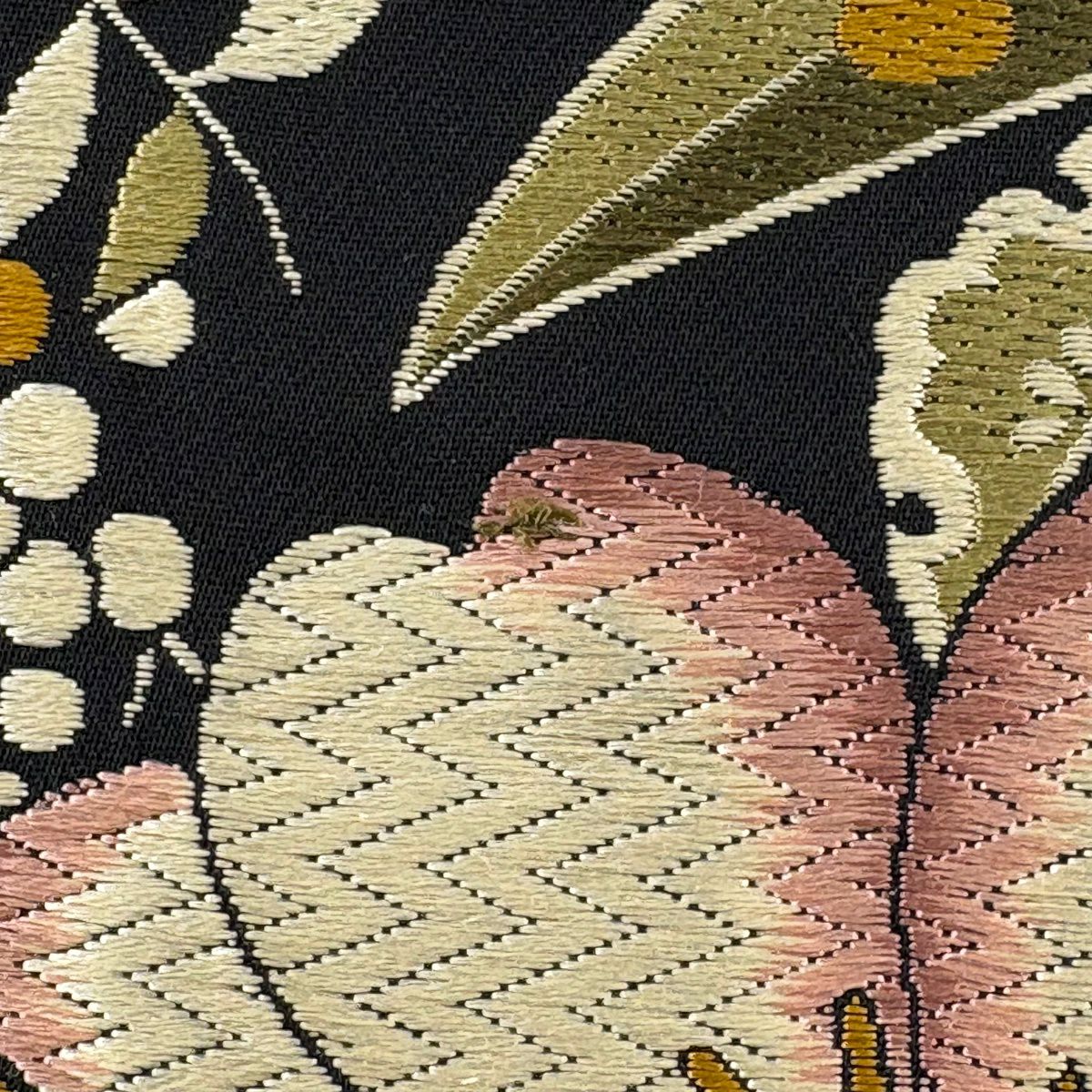 袋帶 秀品級 草花紋 松樹 黑 六通 純蠶絲