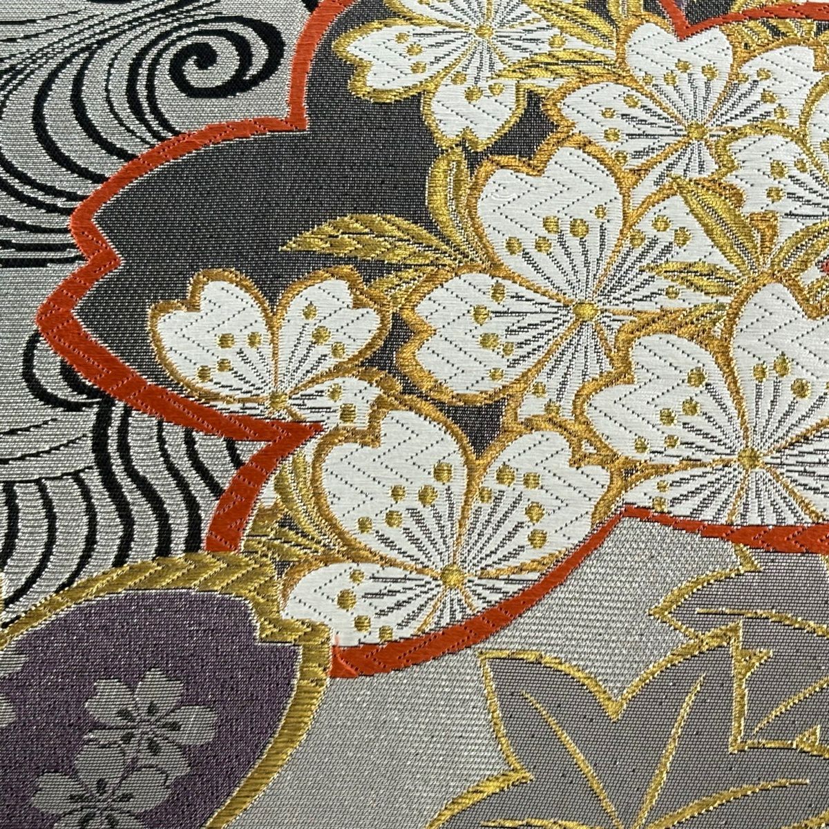 袋帶 秀品級 樱花 流水 金銀線 金金箔 銀色 六通 純蠶絲