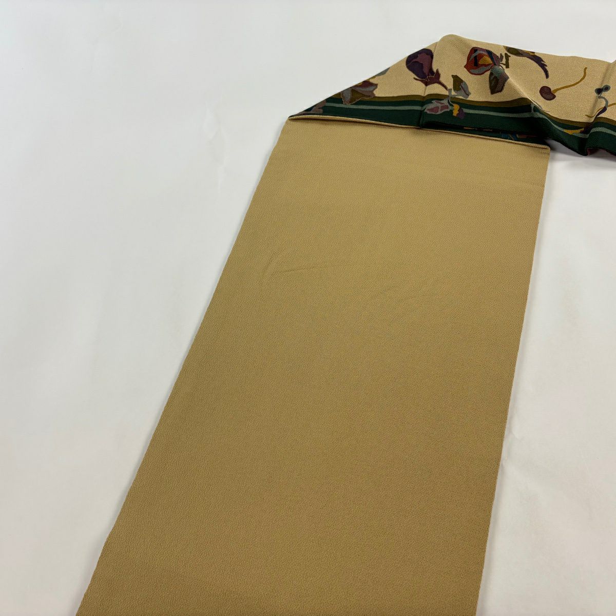 【美品】名古屋帶 秀品級 葡萄 野菜 縮緬 薄茶 純蠶絲