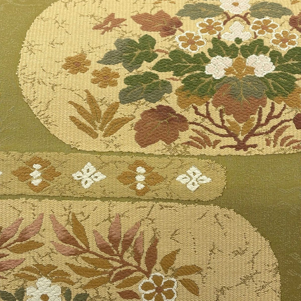 【美品】 袋帶 秀品級 花草屏風紋 唐草紋 抹茶 深綠 六通 純蠶絲