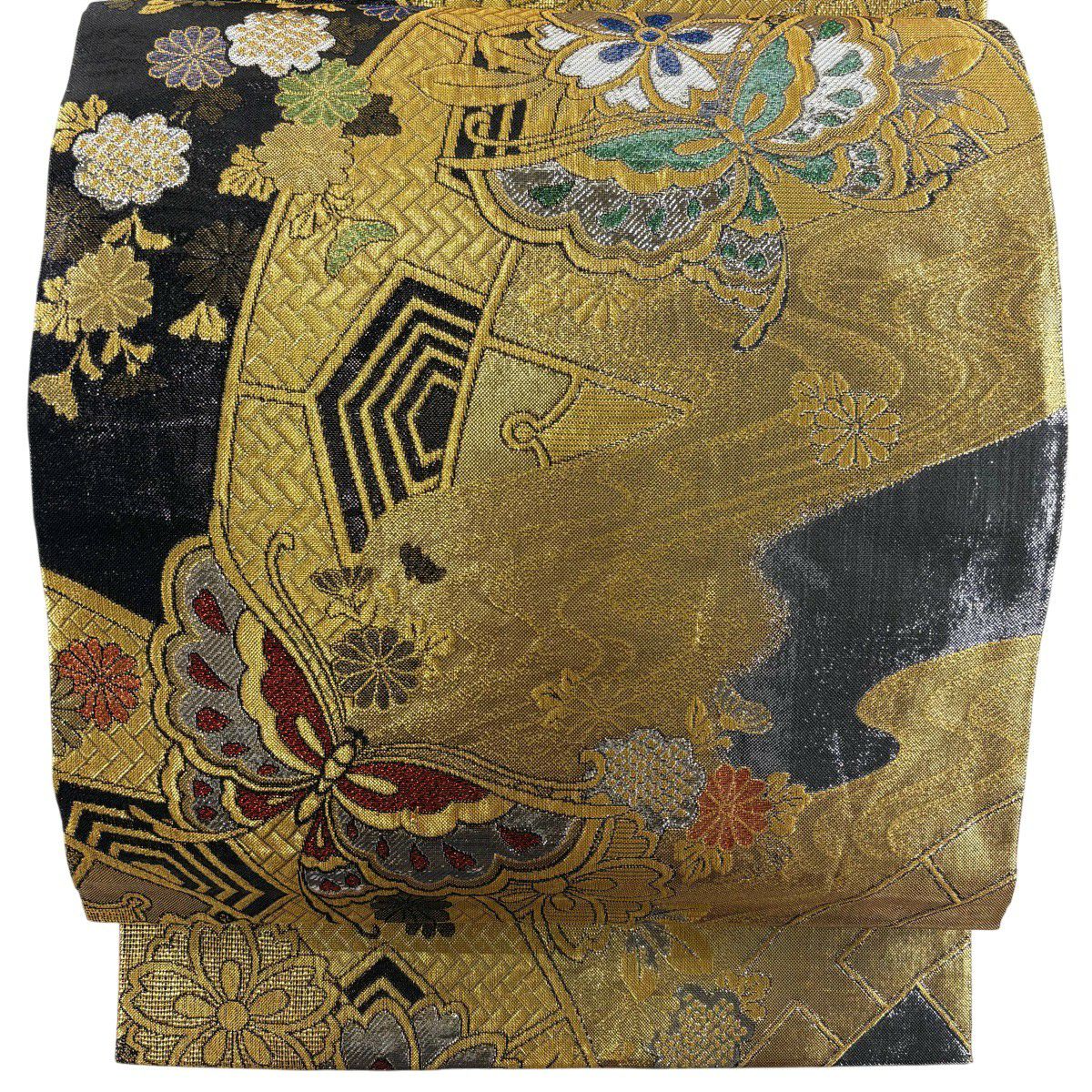 【美品】 袋帶 秀品級 振袖禮服禮服用 櫻花 蝴蝶 金絲 金金箔 金色 六通 純蠶絲