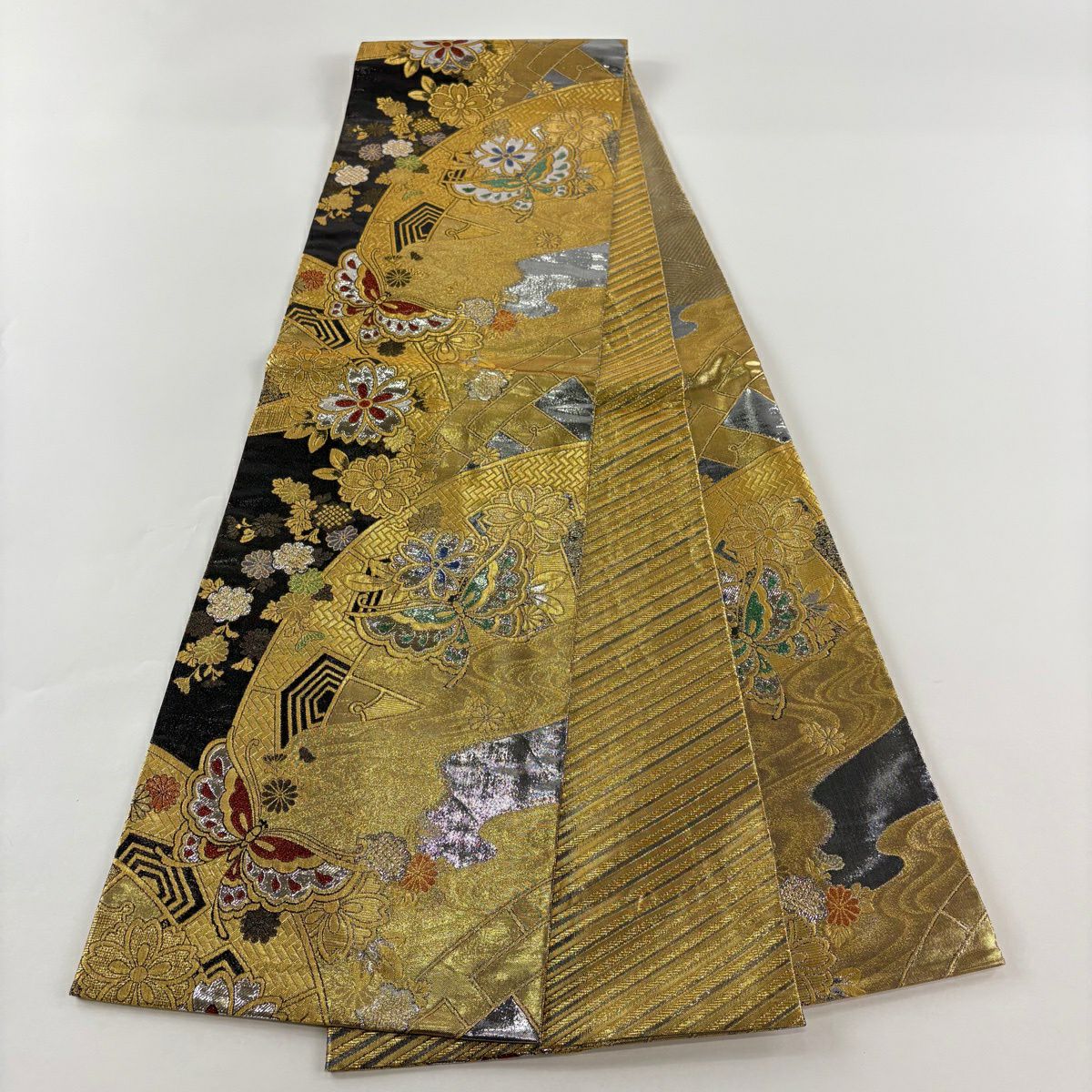 【美品】 袋帶 秀品級 振袖禮服禮服用 櫻花 蝴蝶 金絲 金金箔 金色 六通 純蠶絲