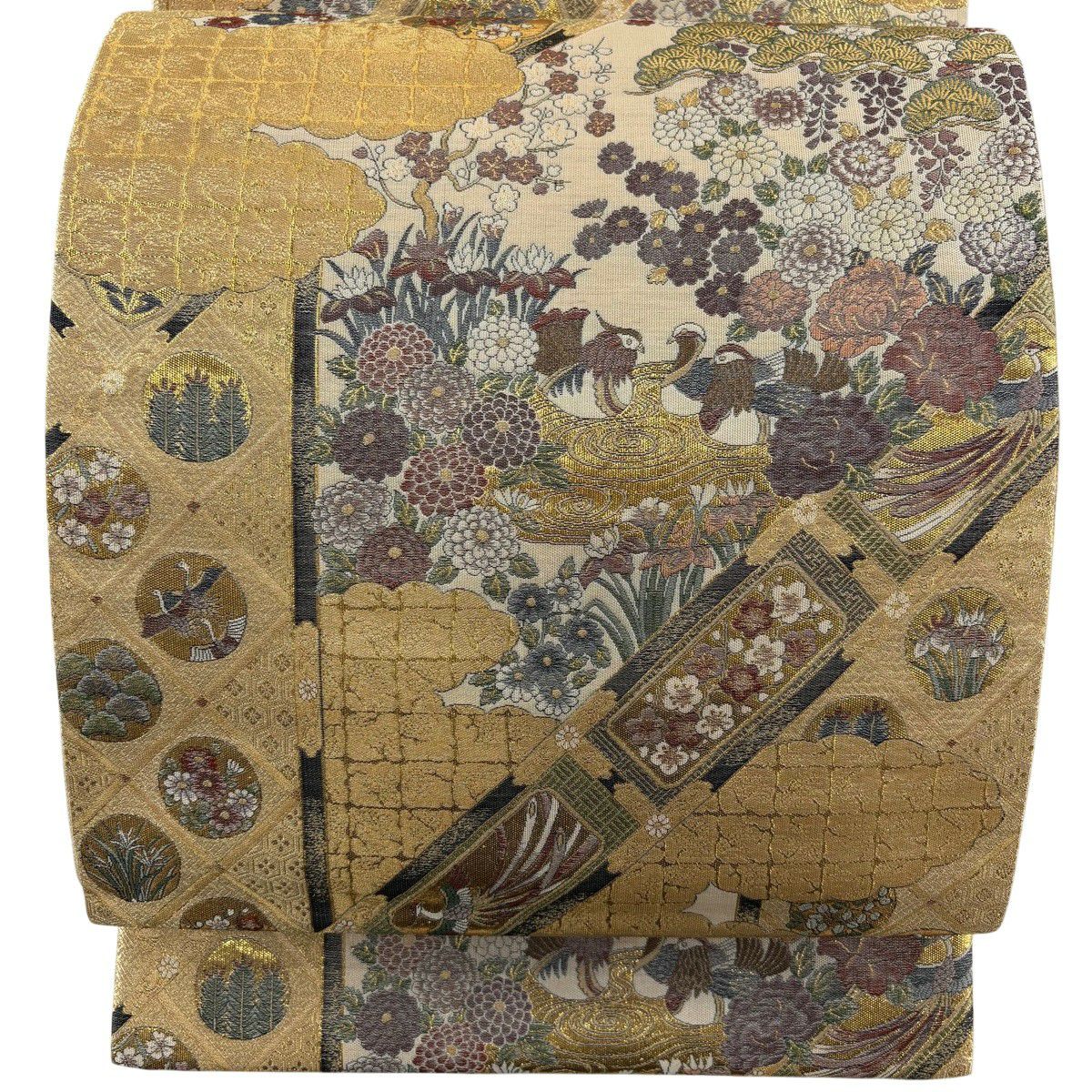 【美品】 袋帶 秀品級 松樹梅花 鴛鴦 金絲 金金箔 金 六通 純蠶絲
