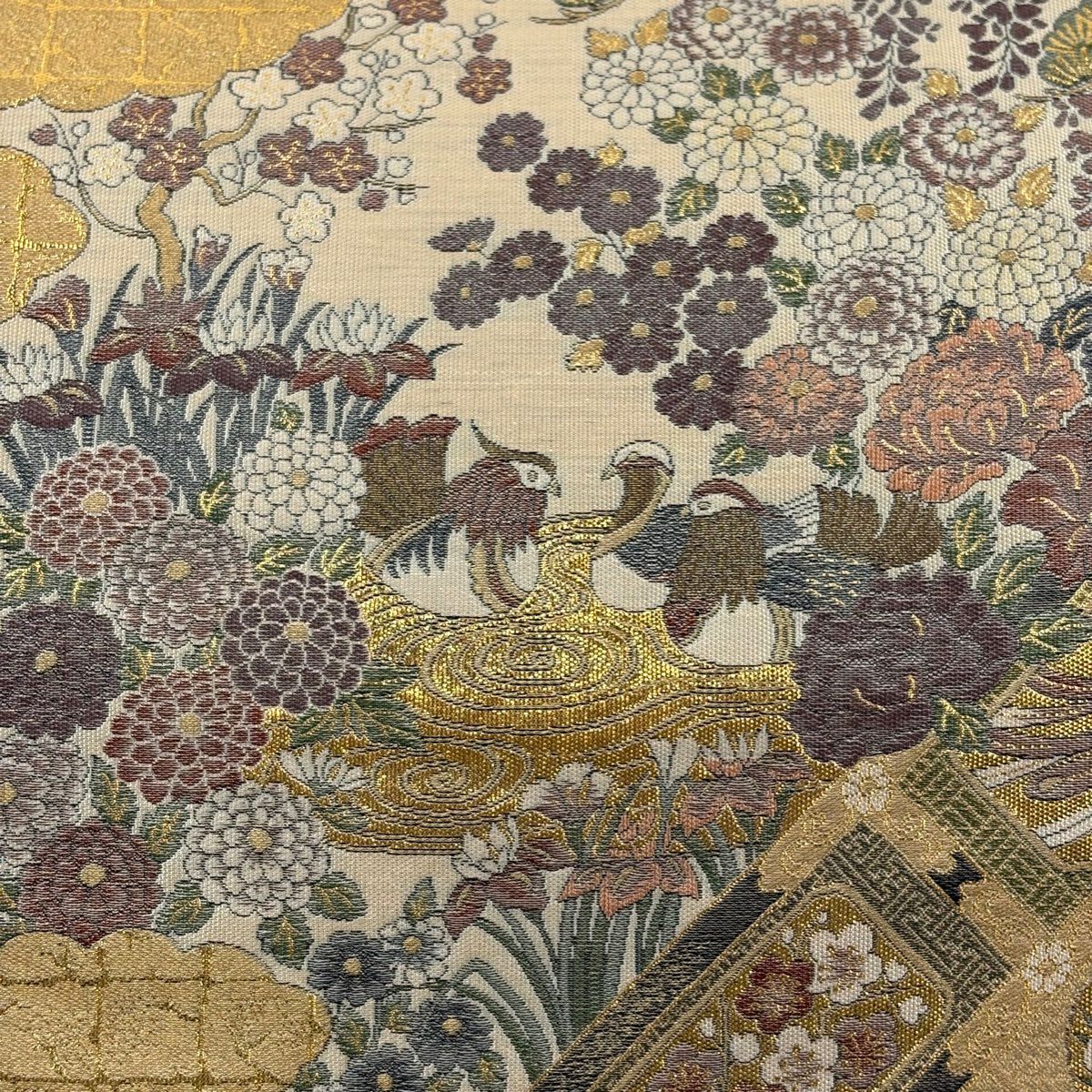 【美品】 袋帶 秀品級 松樹梅花 鴛鴦 金絲 金金箔 金 六通 純蠶絲