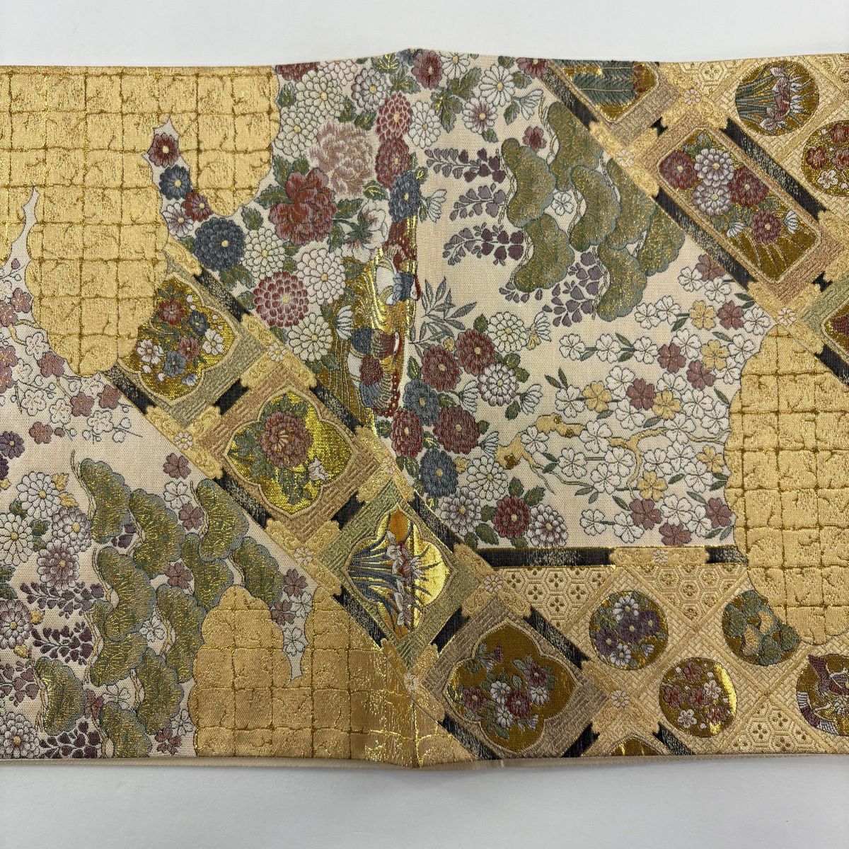 【美品】 袋帶 秀品級 松樹梅花 鴛鴦 金絲 金金箔 金 六通 純蠶絲