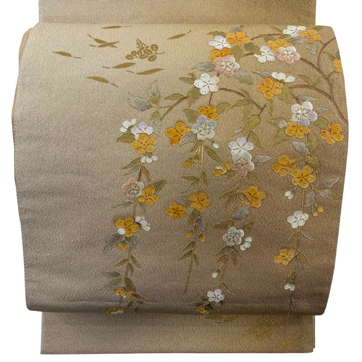 【美品】 袋帶 秀品級 梅花 萩 金絲 金銀彩 橙色 大鼓圖案 純蠶絲