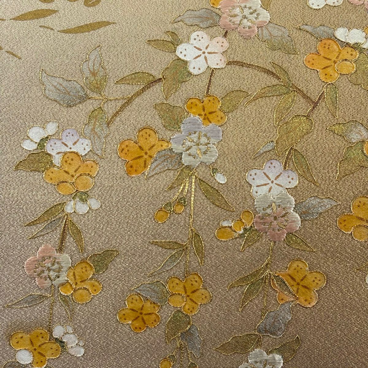 【美品】 袋帶 秀品級 梅花 萩 金絲 金銀彩 橙色 大鼓圖案 純蠶絲