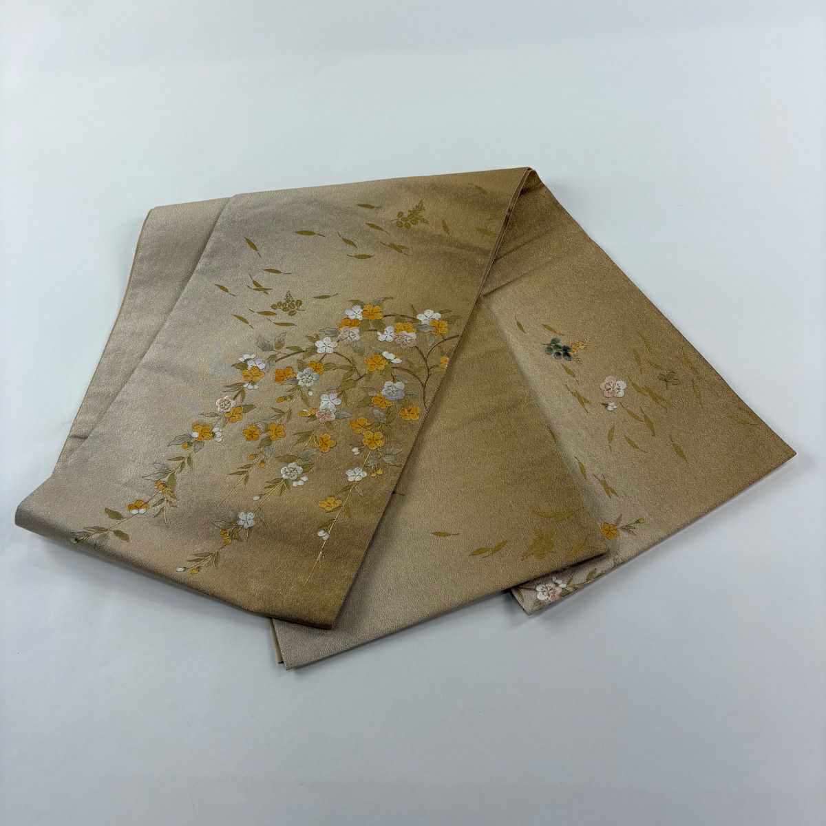 【美品】 袋帶 秀品級 梅花 萩 金絲 金銀彩 橙色 大鼓圖案 純蠶絲