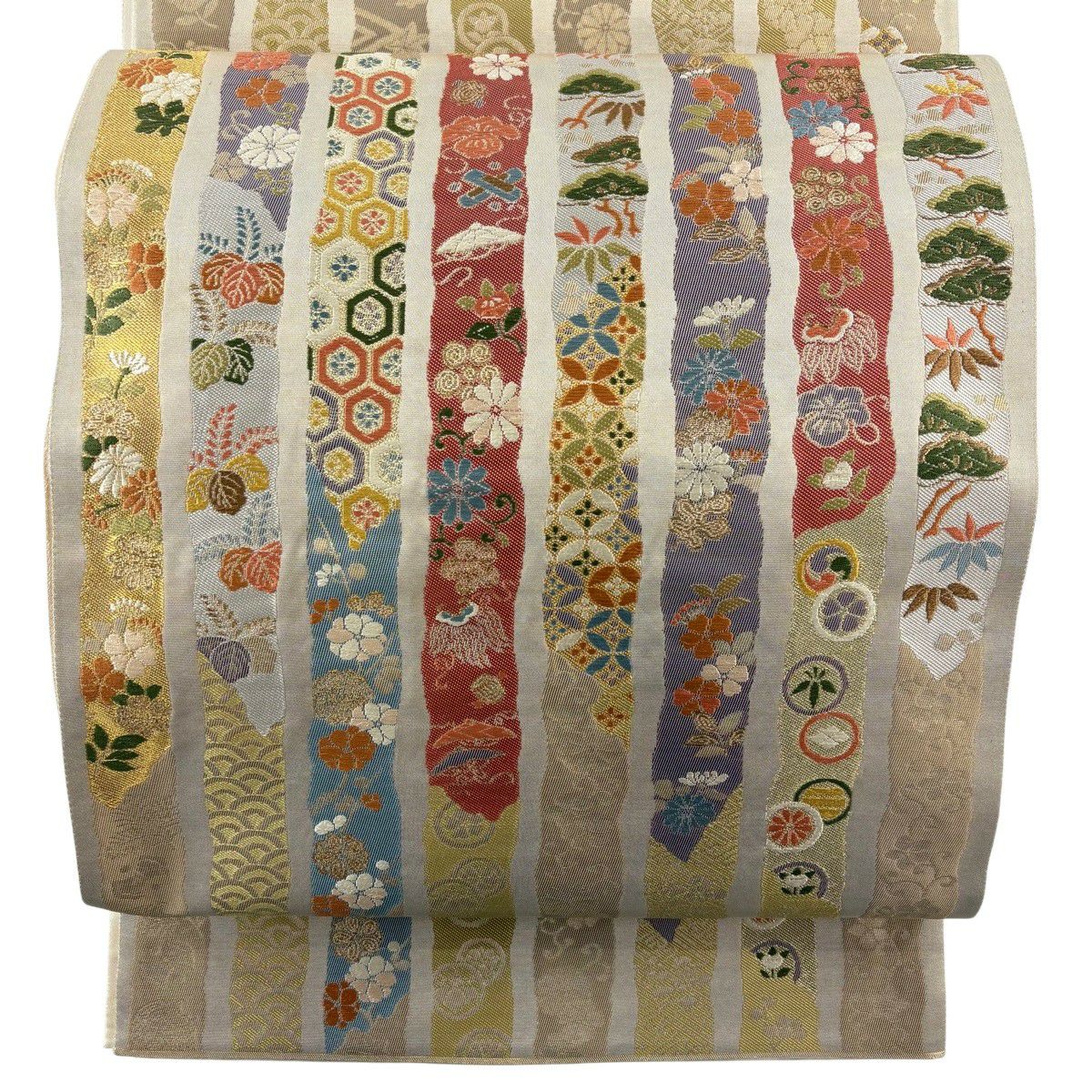 【美品】 袋帶 秀品級 松樹竹子梅花 七寶 金糸 薄茶 六通 純蠶絲