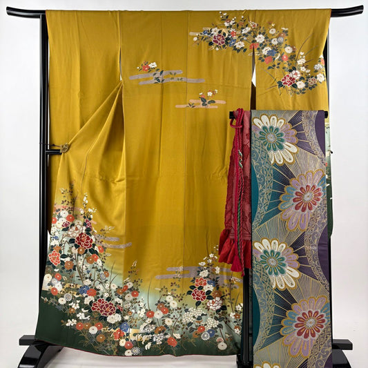 【美品】振袖禮服 身長160cm 袖長66cm M 雙層 袋帶全套 鈴乃屋 草花紋紋 霞 金絲 金銀彩 芥末色 純蠶絲 優品級
