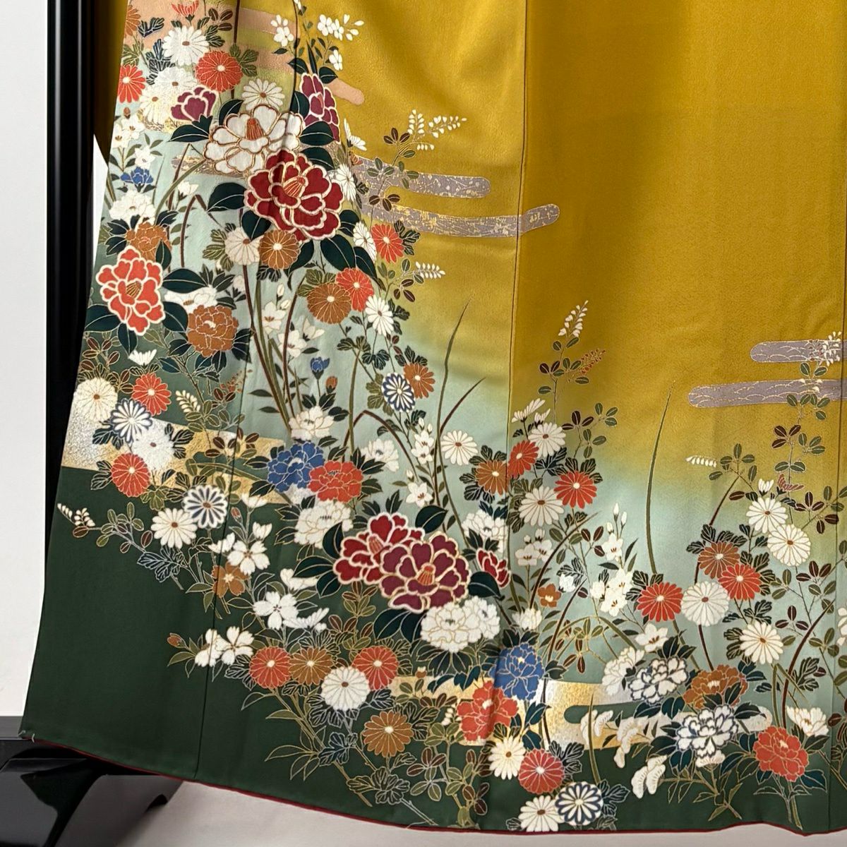【美品】振袖禮服 身長160cm 袖長66cm M 雙層 袋帶全套 鈴乃屋 草花紋紋 霞 金絲 金銀彩 芥末色 純蠶絲 優品級