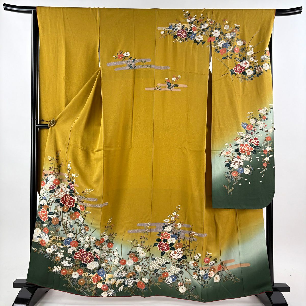 【美品】振袖禮服 身長160cm 袖長66cm M 雙層 袋帶全套 鈴乃屋 草花紋紋 霞 金絲 金銀彩 芥末色 純蠶絲 優品級