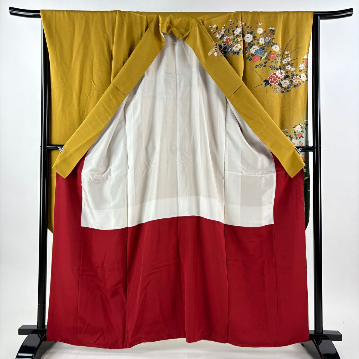 【美品】振袖禮服 身長160cm 袖長66cm M 雙層 袋帶全套 鈴乃屋 草花紋紋 霞 金絲 金銀彩 芥末色 純蠶絲 優品級
