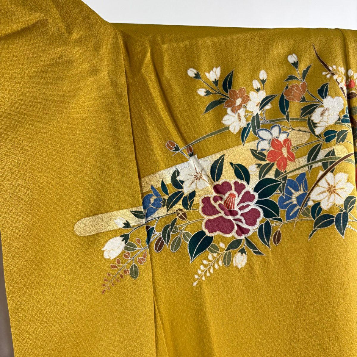 【美品】振袖禮服 身長160cm 袖長66cm M 雙層 袋帶全套 鈴乃屋 草花紋紋 霞 金絲 金銀彩 芥末色 純蠶絲 優品級