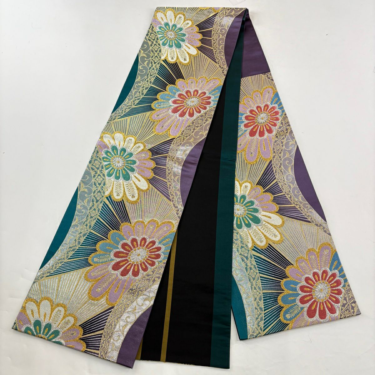 【美品】振袖禮服 身長160cm 袖長66cm M 雙層 袋帶全套 鈴乃屋 草花紋紋 霞 金絲 金銀彩 芥末色 純蠶絲 優品級