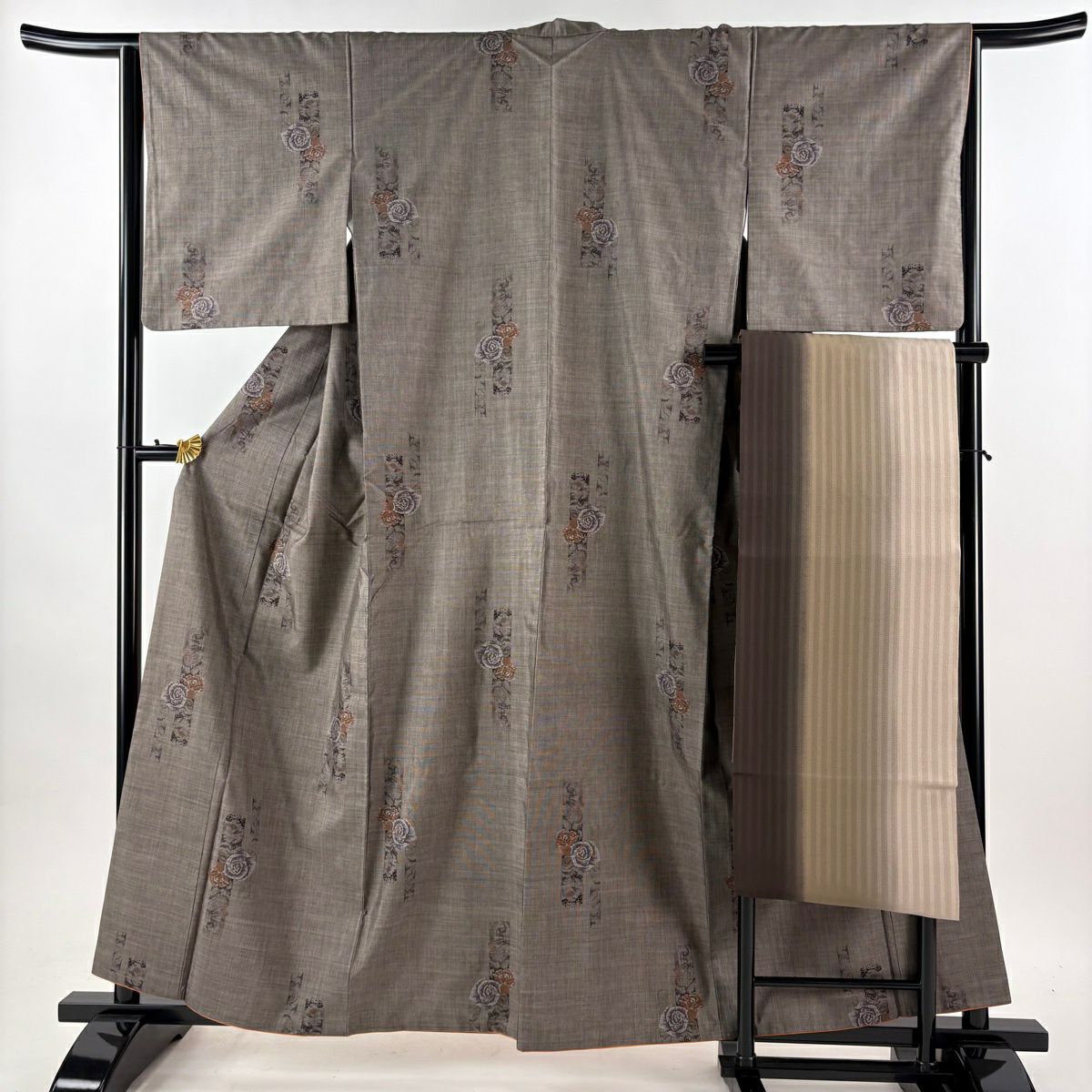 【美品】 紬織 身長160cm 袖長64cm M 雙層 名古屋帶套裝 薔薇 短冊 灰茶 純蠶絲 優品級