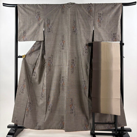 【美品】 紬織 身長160cm 袖長64cm M 雙層 名古屋帶套裝 薔薇 短冊 灰茶 純蠶絲 優品級