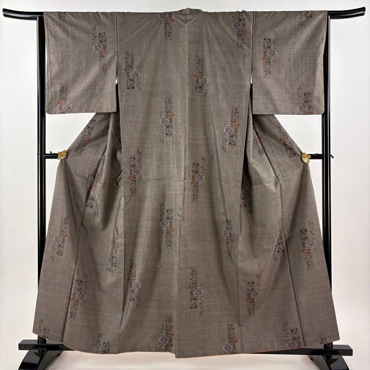 【美品】 紬織 身長160cm 袖長64cm M 雙層 名古屋帶套裝 薔薇 短冊 灰茶 純蠶絲 優品級