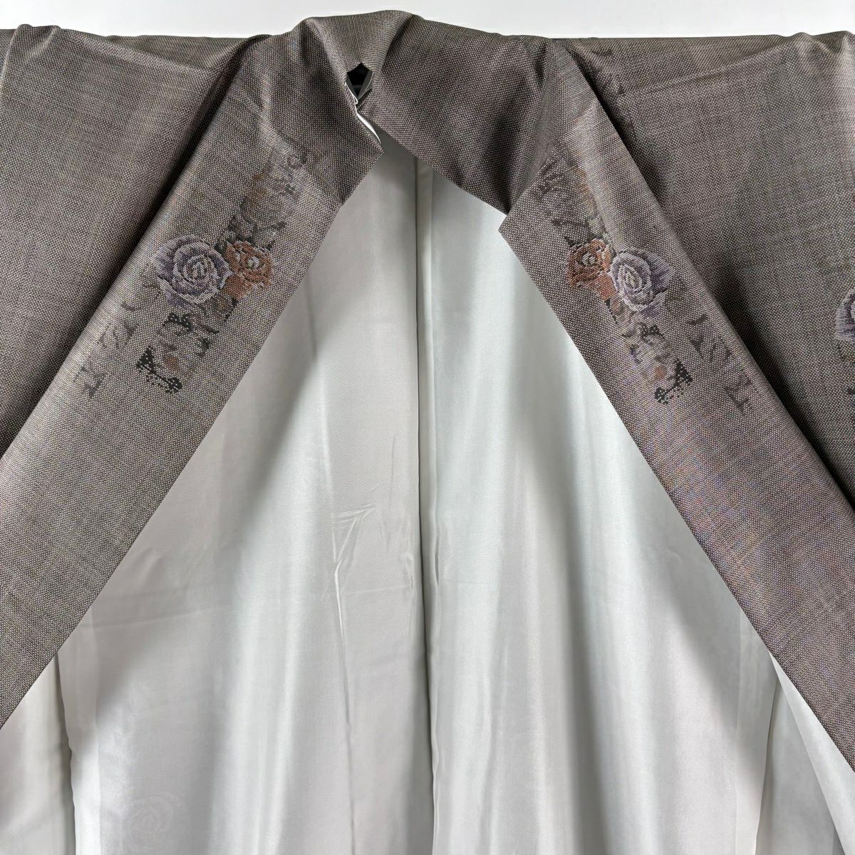 【美品】 紬織 身長160cm 袖長64cm M 雙層 名古屋帶套裝 薔薇 短冊 灰茶 純蠶絲 優品級