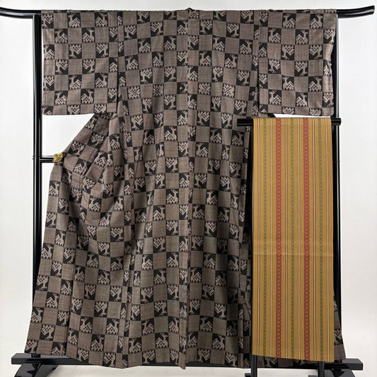 【美品】 紬織 身長155cm 袖長64cm M 雙層 名古屋帶套裝 有栖川 市松樹 焦茶 純蠶絲 秀品級