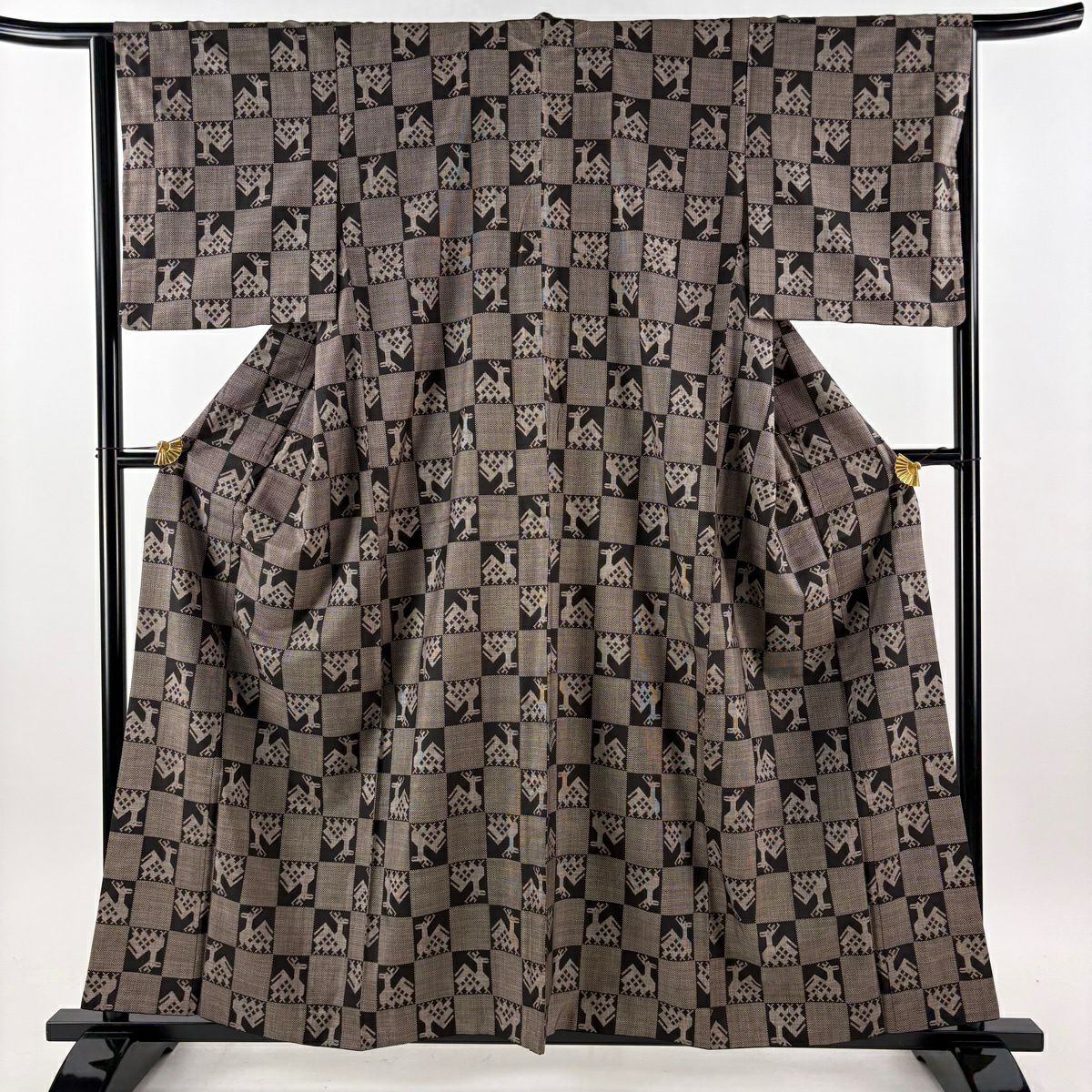 【美品】 紬織 身長155cm 袖長64cm M 雙層 名古屋帶套裝 有栖川 市松樹 焦茶 純蠶絲 秀品級