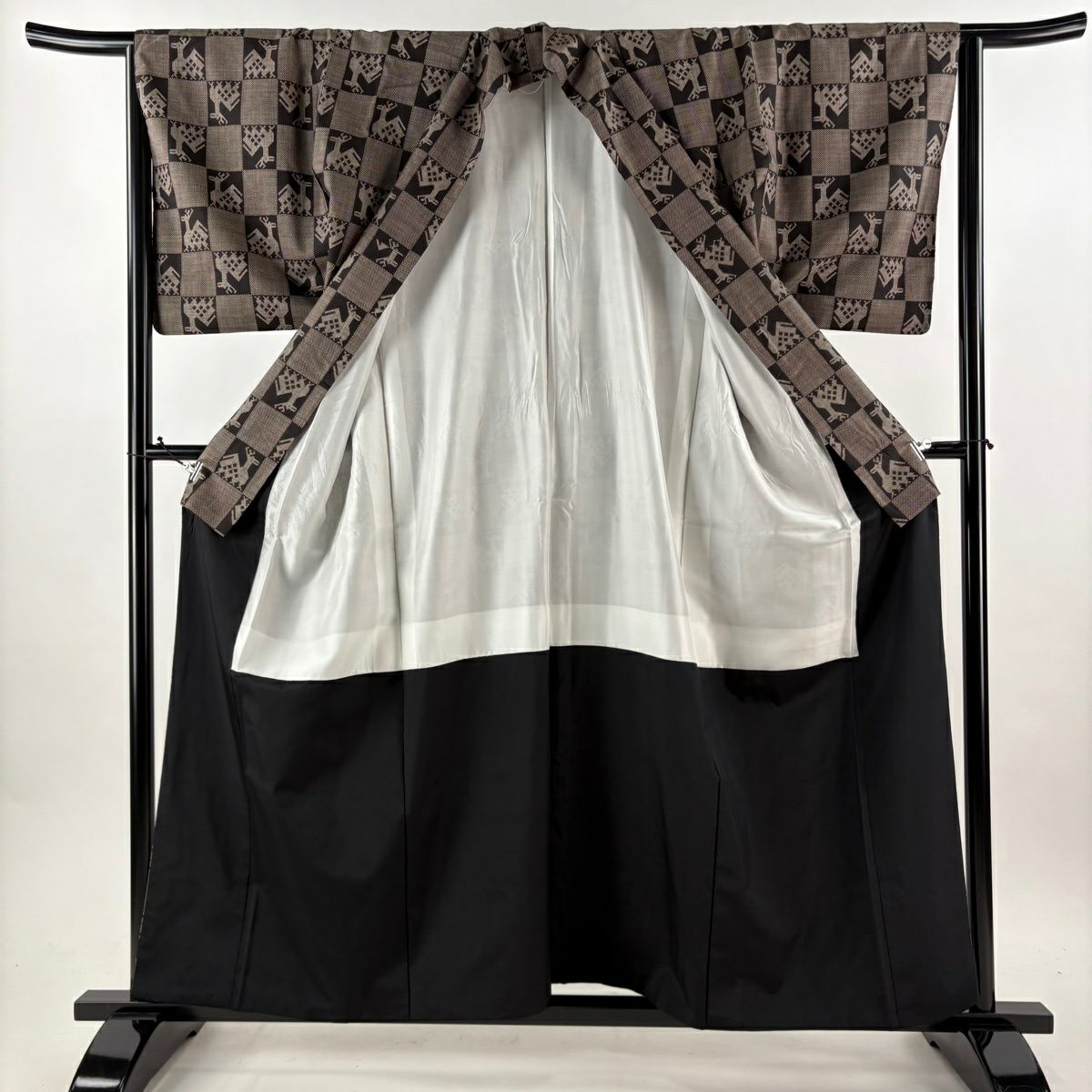 【美品】 紬織 身長155cm 袖長64cm M 雙層 名古屋帶套裝 有栖川 市松樹 焦茶 純蠶絲 秀品級
