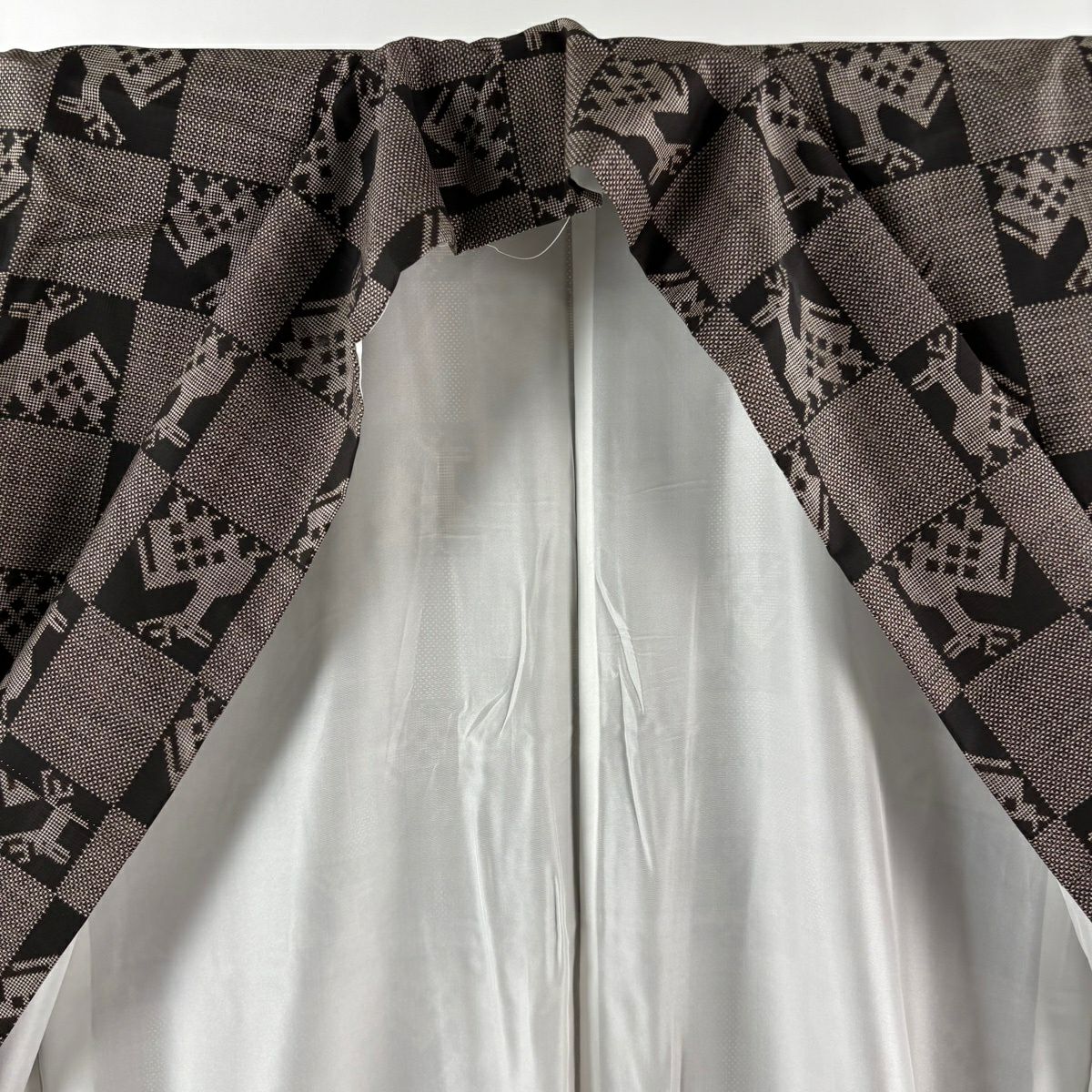 【美品】 紬織 身長155cm 袖長64cm M 雙層 名古屋帶套裝 有栖川 市松樹 焦茶 純蠶絲 秀品級