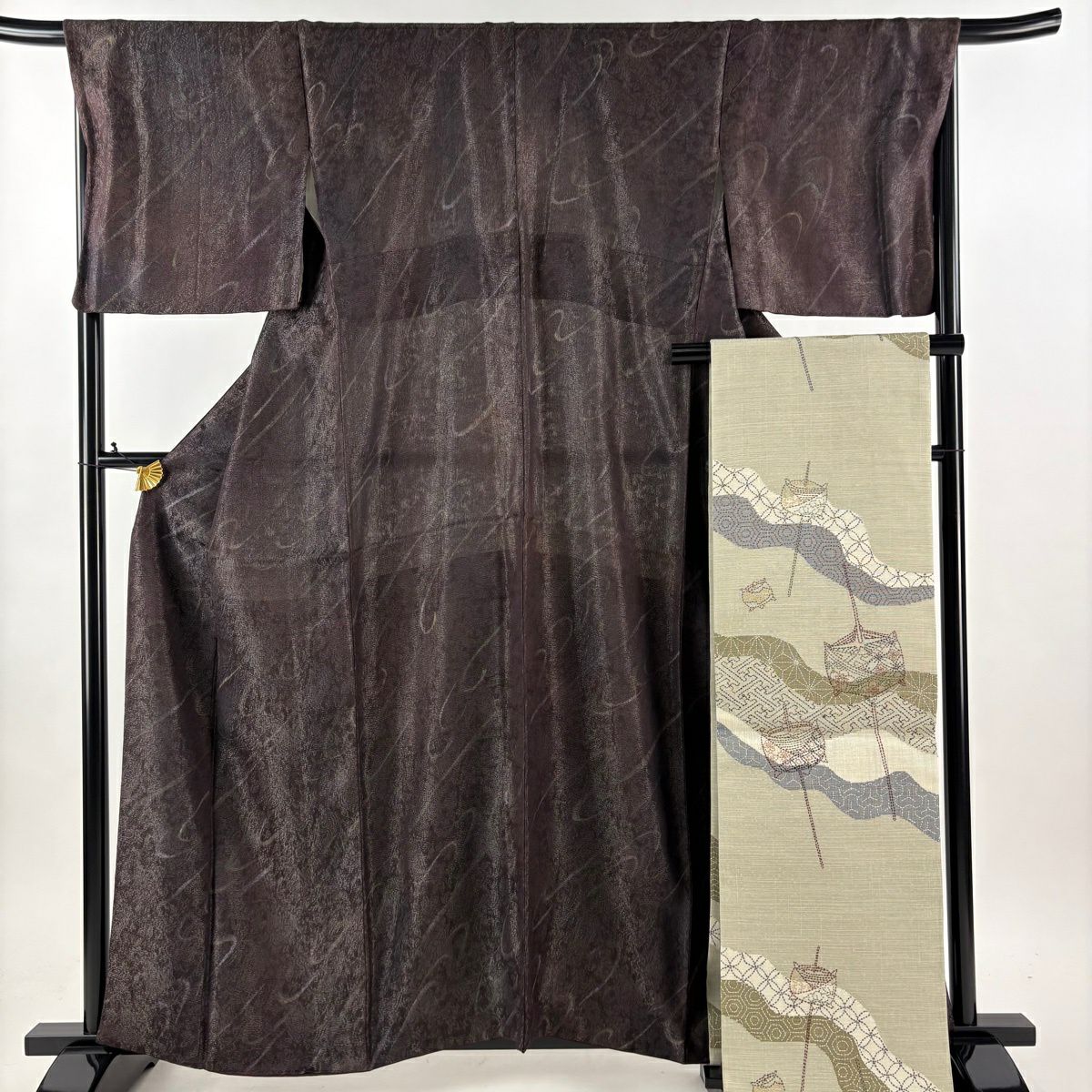 【美品】 小紋 身長160cm 袖長67cm M 雙層 袋帶套裝 幾何學 金銀彩 茶紫 純蠶絲 名品級