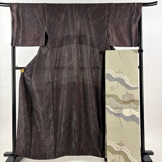 【美品】 小紋 身長160cm 袖長67cm M 雙層 袋帶套裝 幾何學 金銀彩 茶紫 純蠶絲 名品級